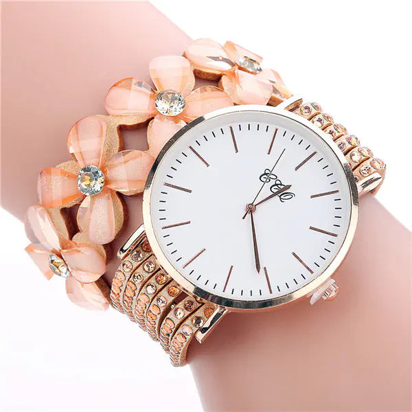 CCQ Women's Circle Bracelet Watch with Floral Crystals
