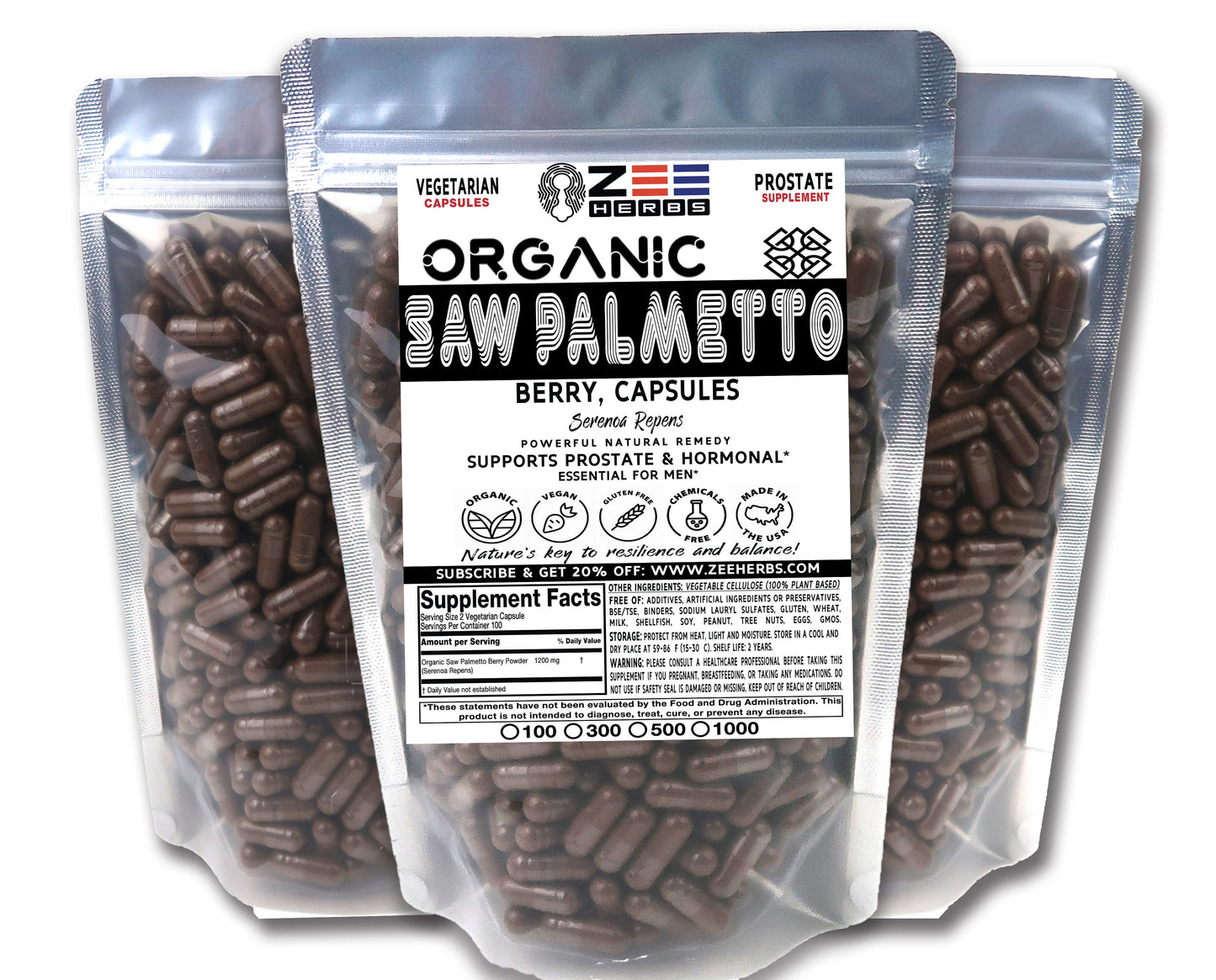 Saw Palmetto Berry Capsules - 1200mg Pure Natural Herbal Prostate Supplement for Daily Wellness