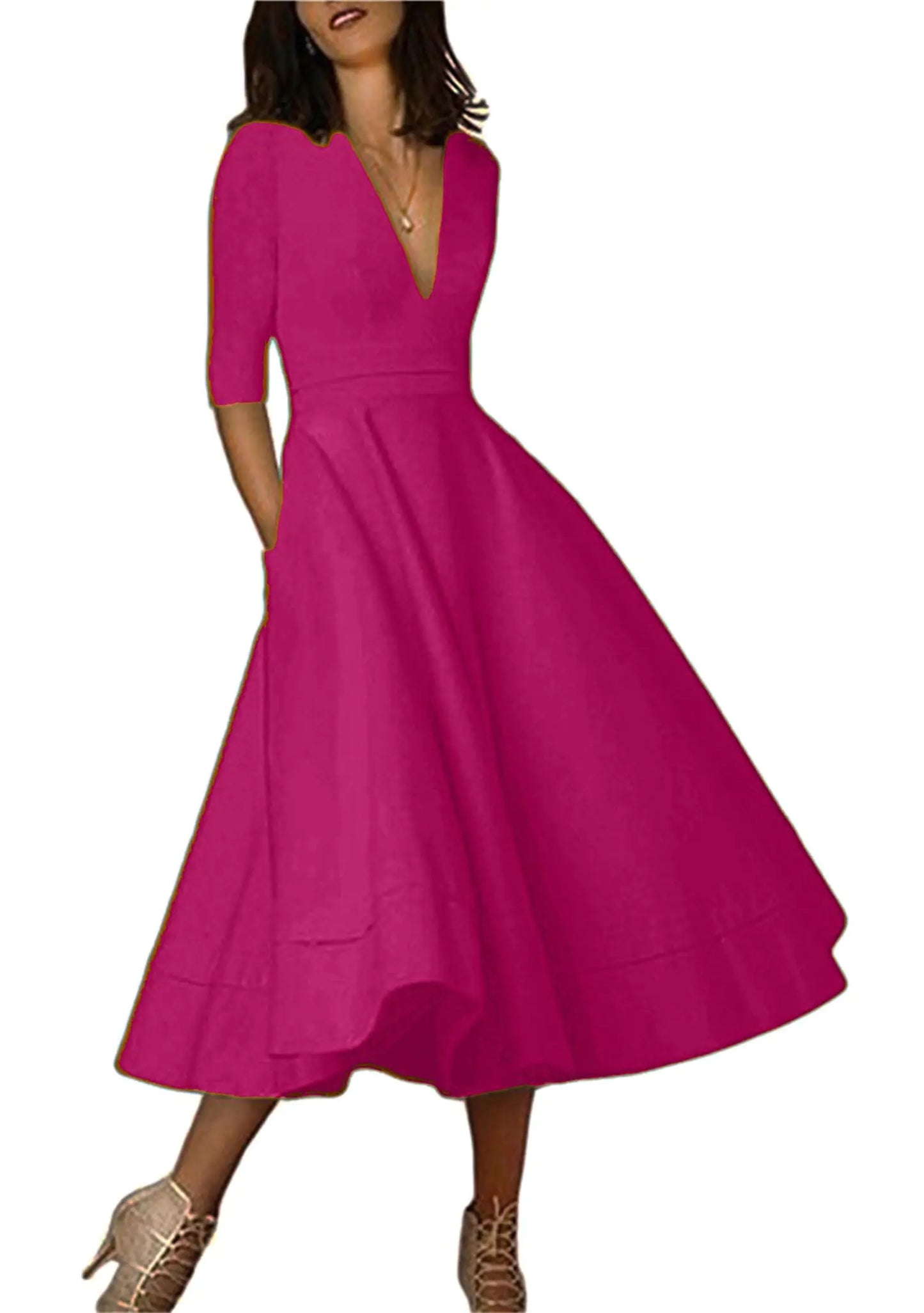 YMING Ladies 50s Vintage V Neck Cocktail Dress Plain Half Sleeve Party Cocktail Dress with Pockets Rose 3XL