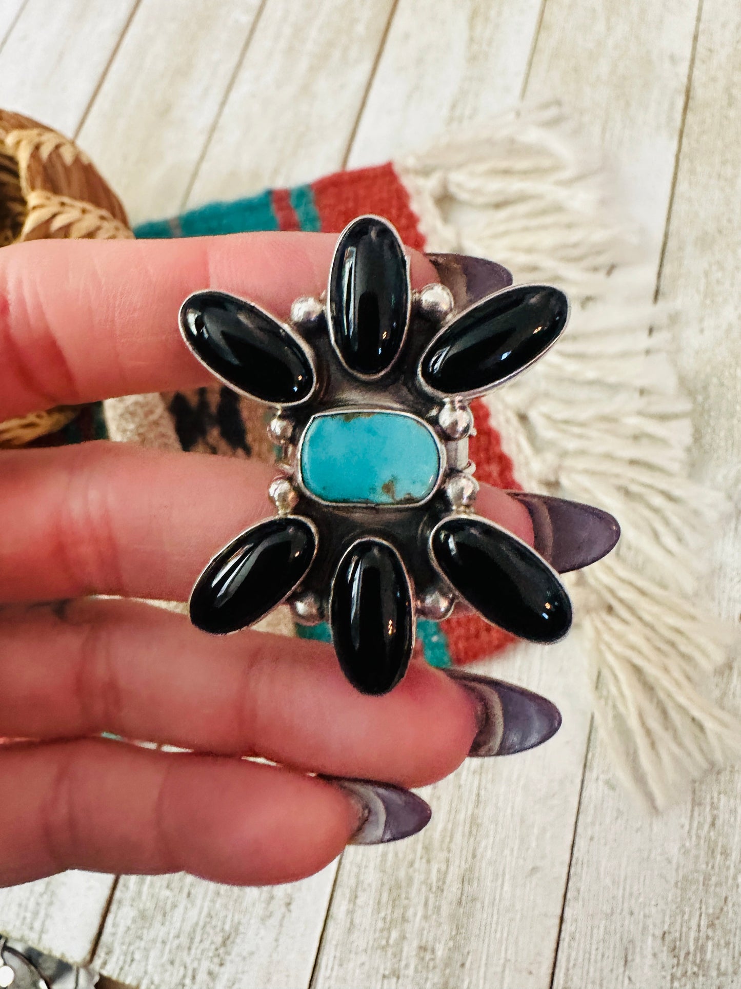 Handcrafted Onyx, Turquoise & Sterling Silver Adjustable Ring by Jacqueline Silver