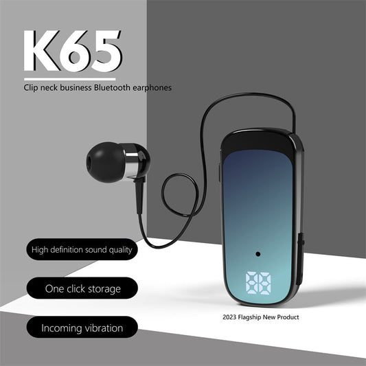 K65 Collar style Telescopic Cable Bluetooth Earphones In Ear Digital Display Long Range Business Single Ear Earphones 5.2