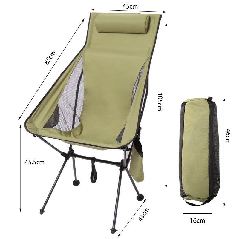 Folding camping chair with headrest. Lightweight, aluminum alloy, for travel and fishing. Outdoor furniture.