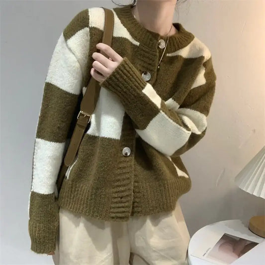 Loose Checkered Sweater Coat for Women
