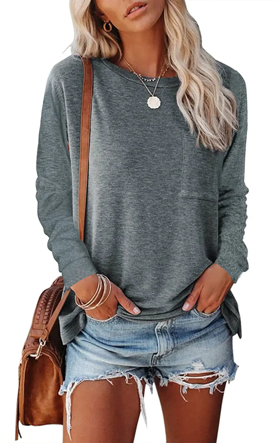 Pocket Split Long-sleeved Casual T-shirt