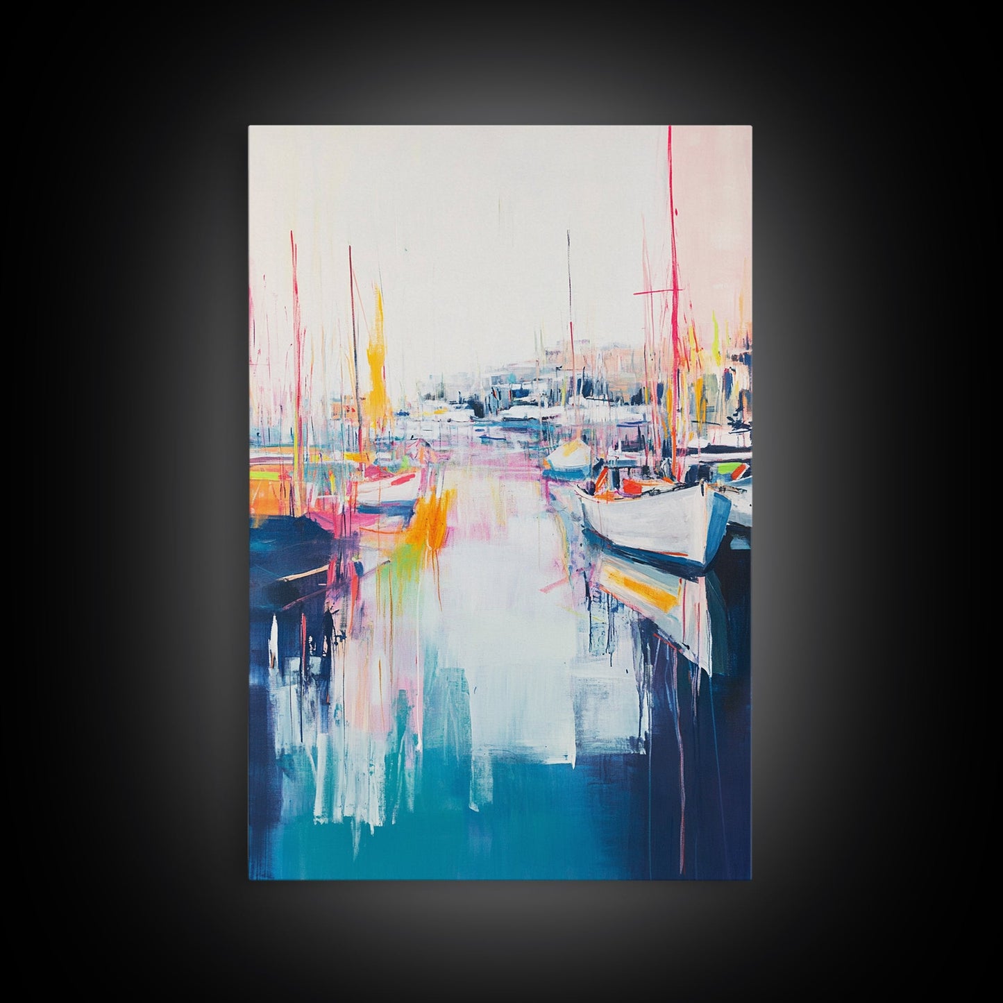 Harbor Sailboats, nautical wall art, seascape painting, coastal painting, sailboat painting, pink abstract art, Canvas Print