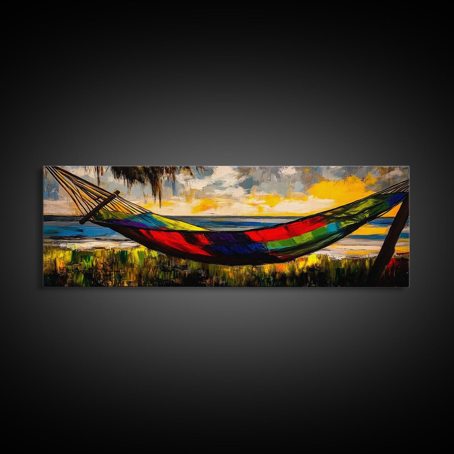 Hammock by the Beach, Tropical Sunset Painting, Relaxing Seaside Artwork, Vibrant Summer Wall Decor, Coastal Retreat, Canvas Print