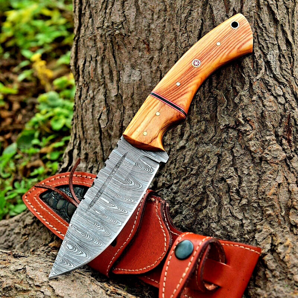 Custom Handmade 10" Damascus Steel Hunting Knife with Olive Wood Handle & Leather Sheath