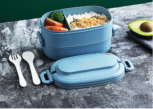 Japanese style simple portable microwaveable double layer partition lunch box bento box with cutlery