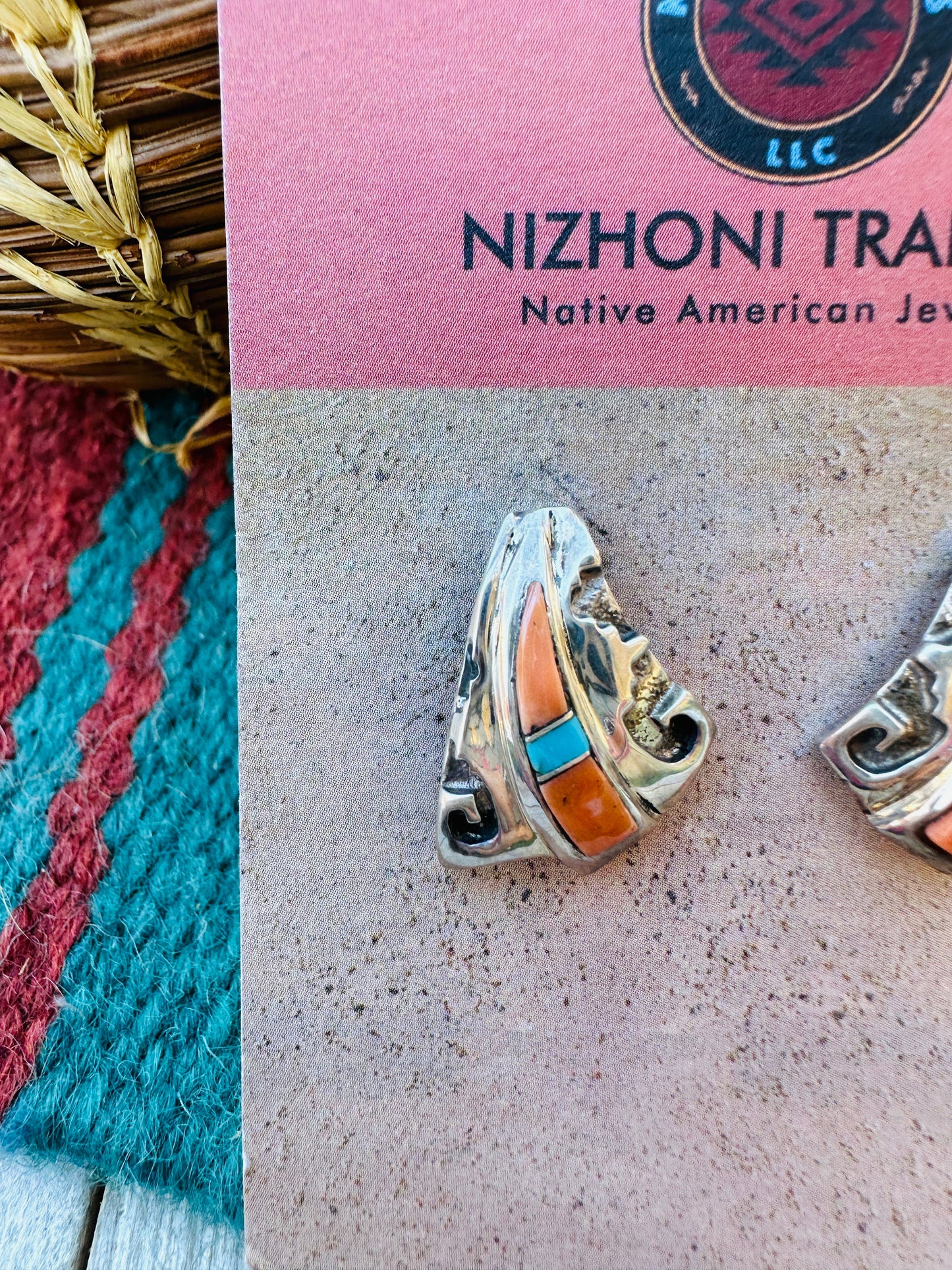 Handcrafted Old Pawn Sterling Silver, Spiny & Turquoise Post Earrings