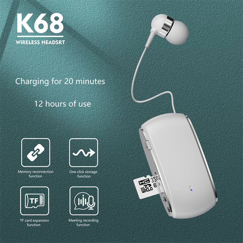 K68 New Collar style Bluetooth Earphones MP3 Earphones Wireless Telescopic Cable Single Ear Card Insertion Recording Earphones