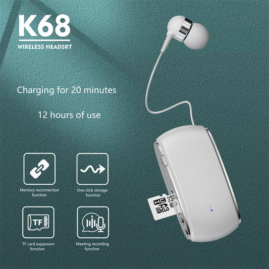 K68 New Collar style Bluetooth Earphones MP3 Earphones Wireless Telescopic Cable Single Ear Card Insertion Recording Earphones