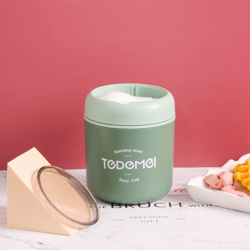 Japanese style simple sealed 304 stainless steel insulated breakfast cup with lid and spoon