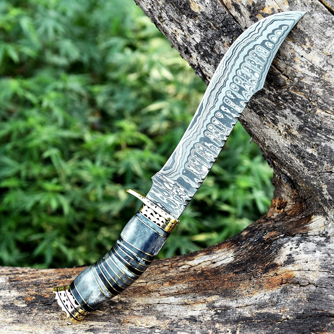 Vintage Damascus Steel Bowie Knife for Sale - 13" with Brass Guard and Camel Bone Handle