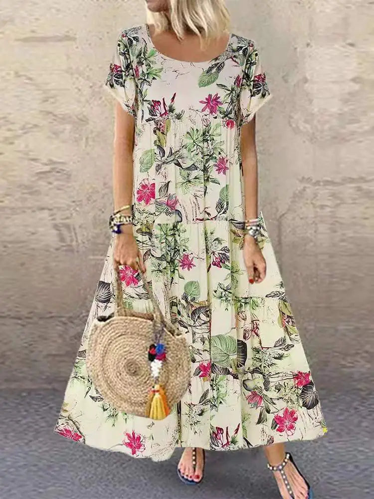 Retro Floral Print Short-sleeved Round Neck Dress