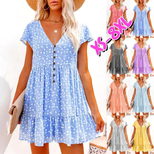 V-Neck Button Floral Short Sleeve Casual Dress