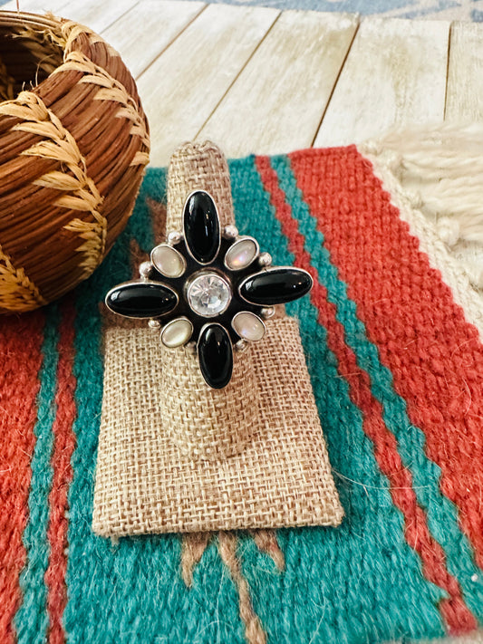Handcrafted Onyx, Mother of Pearl, CZ & Sterling Silver Adjustable Ring by Jacqueline Silver