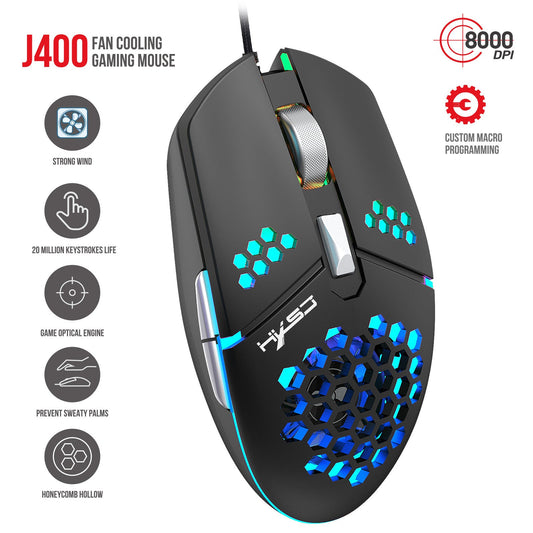 J400 new fan macro programming wired hole gaming mouse 8000dpi adjustable anti sweat design