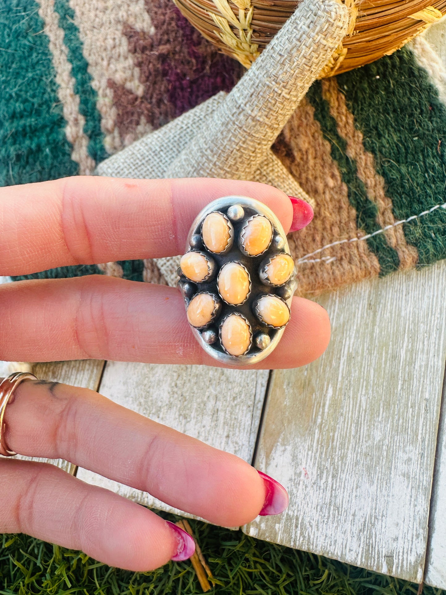 Handcrafted Orange Spiny & Sterling Silver Cluster Ring Size 10.5