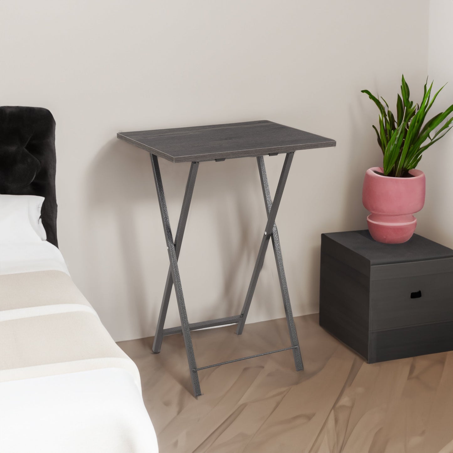 Folding office desk TV tray table set of 4 TV trays with storage rack wooden folding TV tray foldable snack table, rural gray