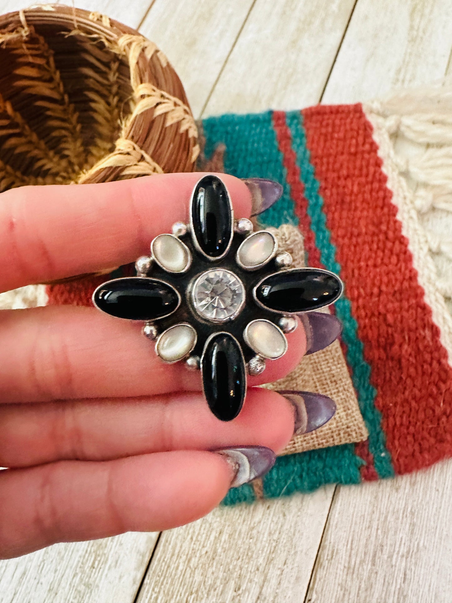 Handcrafted Onyx, Mother of Pearl, CZ & Sterling Silver Adjustable Ring by Jacqueline Silver