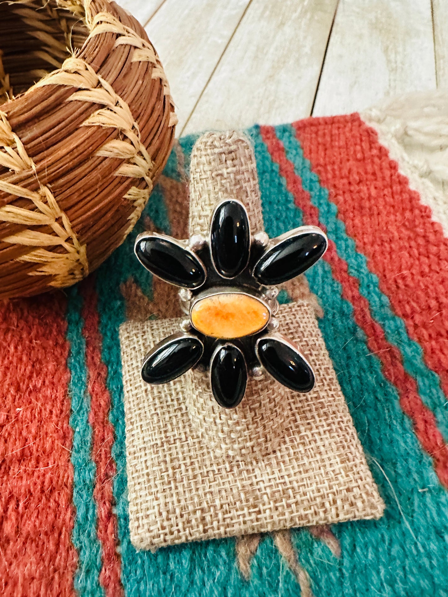 Handcrafted Onyx, Spiny Oyster & Sterling Silver Adjustable Ring by Jacqueline Silver