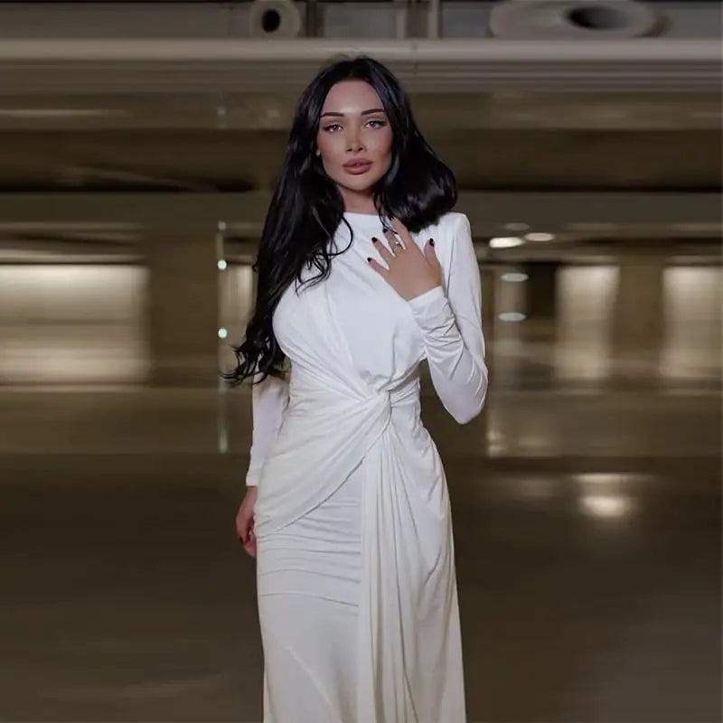 Slim Solid Color Round Neck Pleated Waist Dress