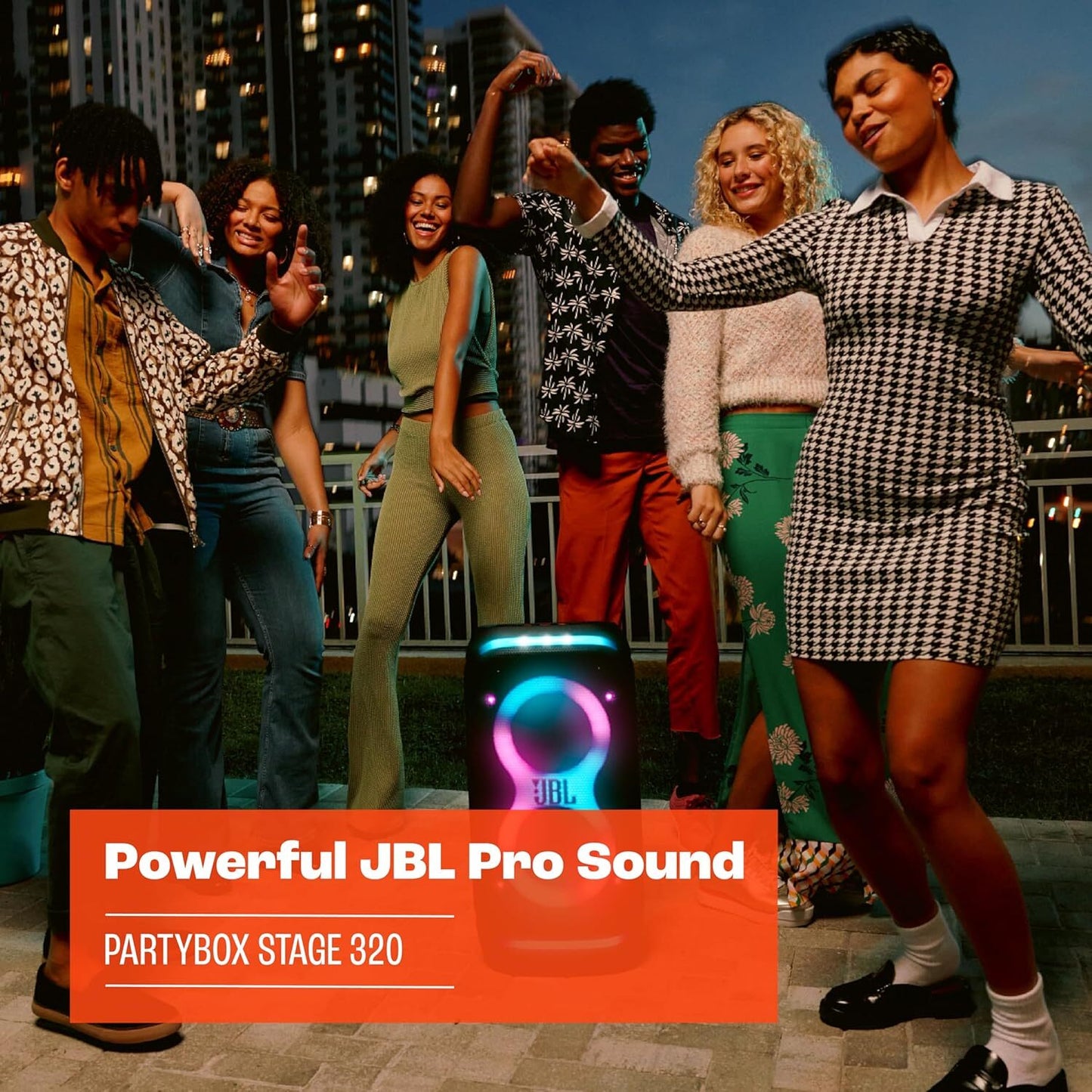 JBL Party Box Stage 320 Bluetooth Party Speaker Illuminated Splash‑Resistant 240W