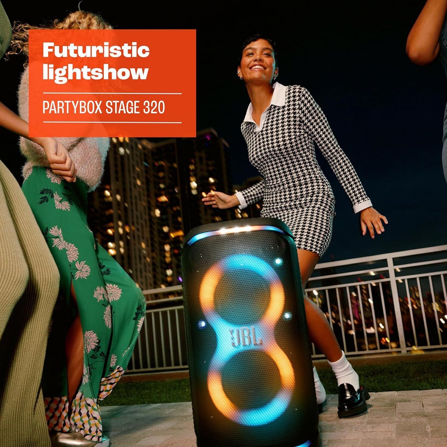 JBL Party Box Stage 320 Bluetooth Party Speaker Illuminated Splash‑Resistant 240W