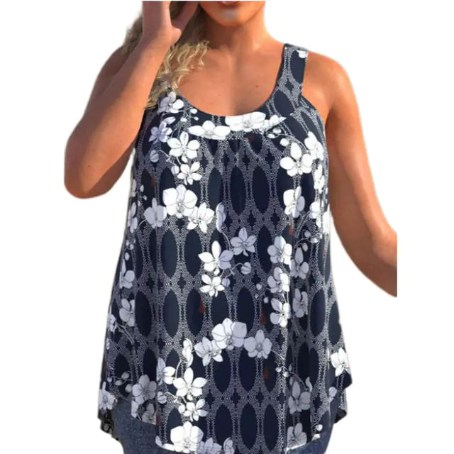 Casual Loose Floral Print Round Neck Sleeveless T-shirt