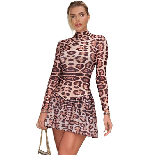 Fitted Leopard Print Long Sleeve Dress
