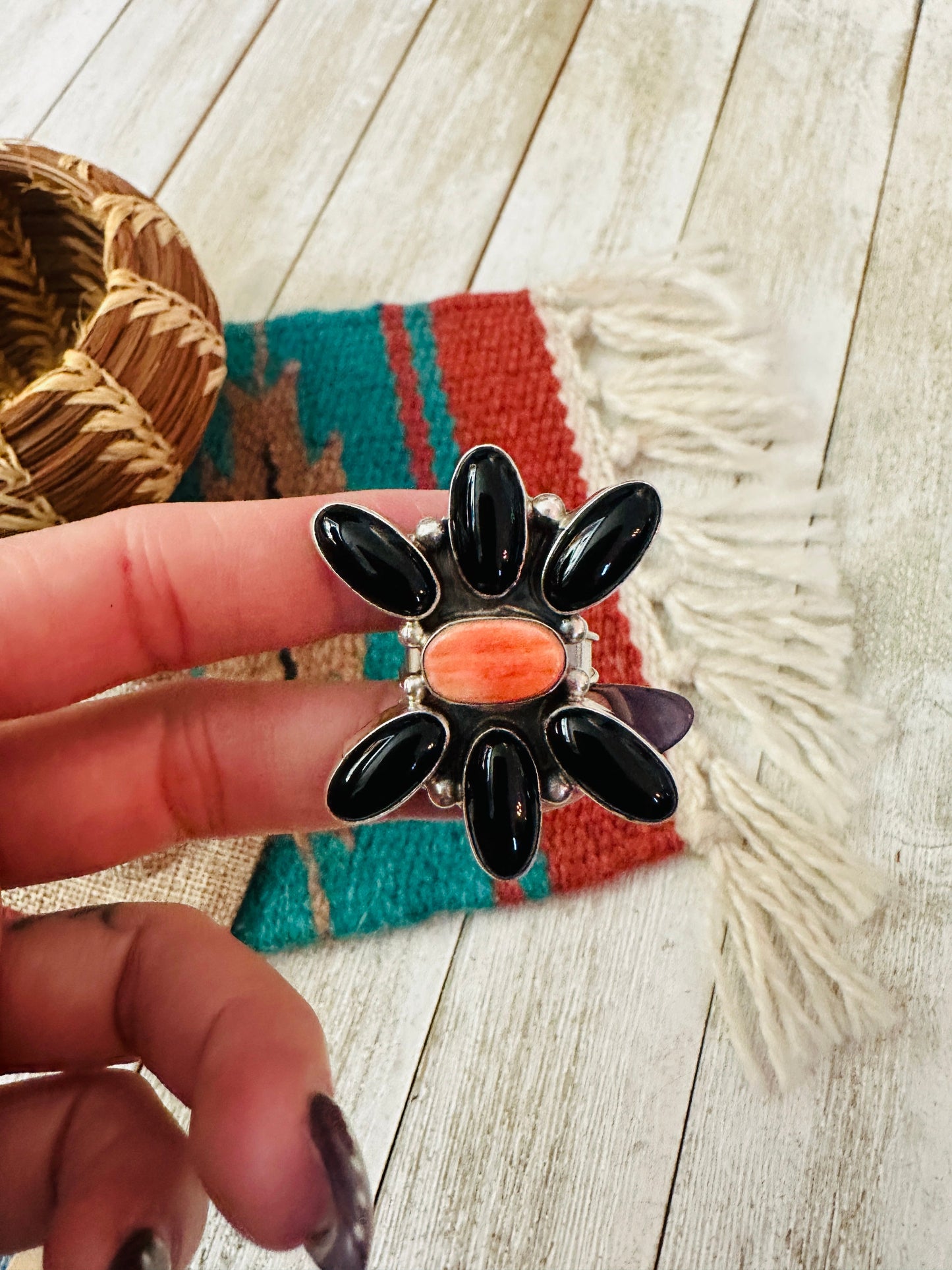 Handcrafted Onyx, Spiny Oyster & Sterling Silver Adjustable Ring by Jacqueline Silver