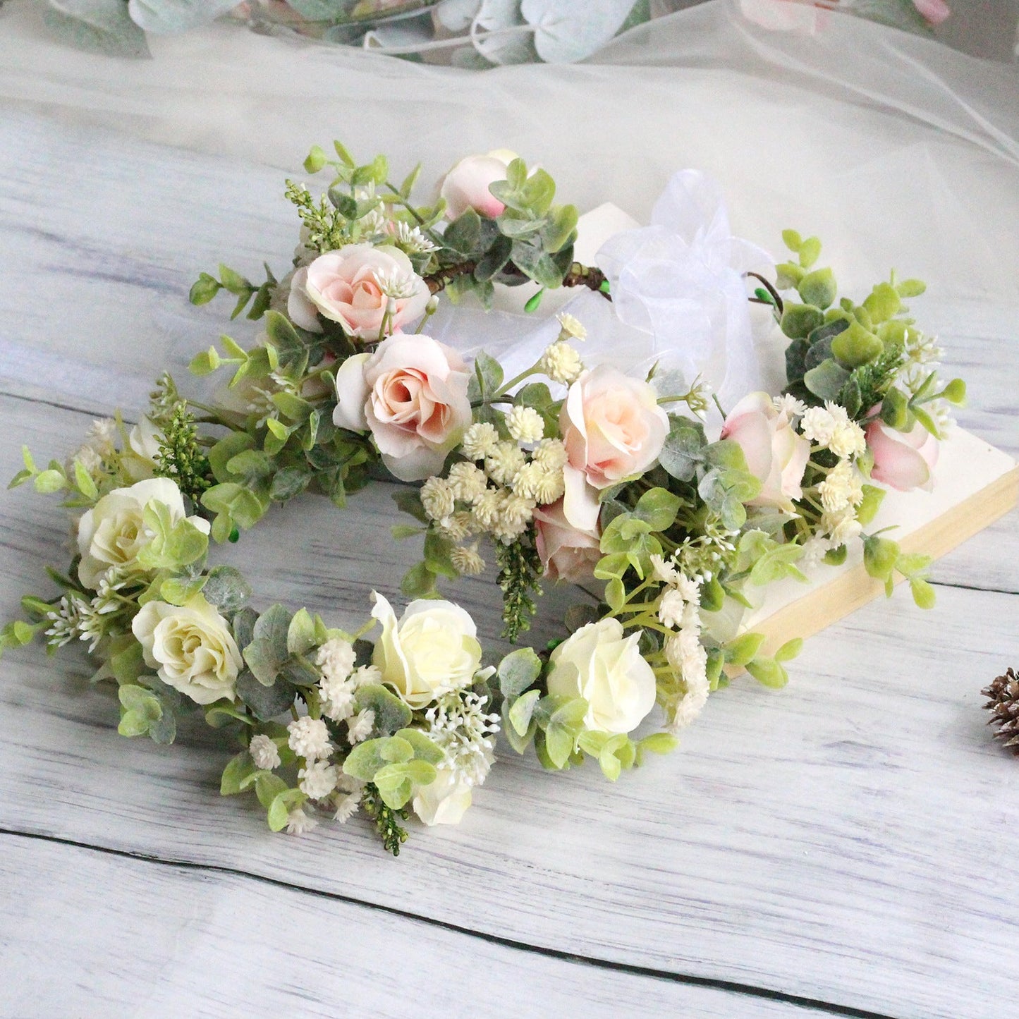 Forest style curled edge rose headband simulated starry sky flower wreath bride's wedding headpiece