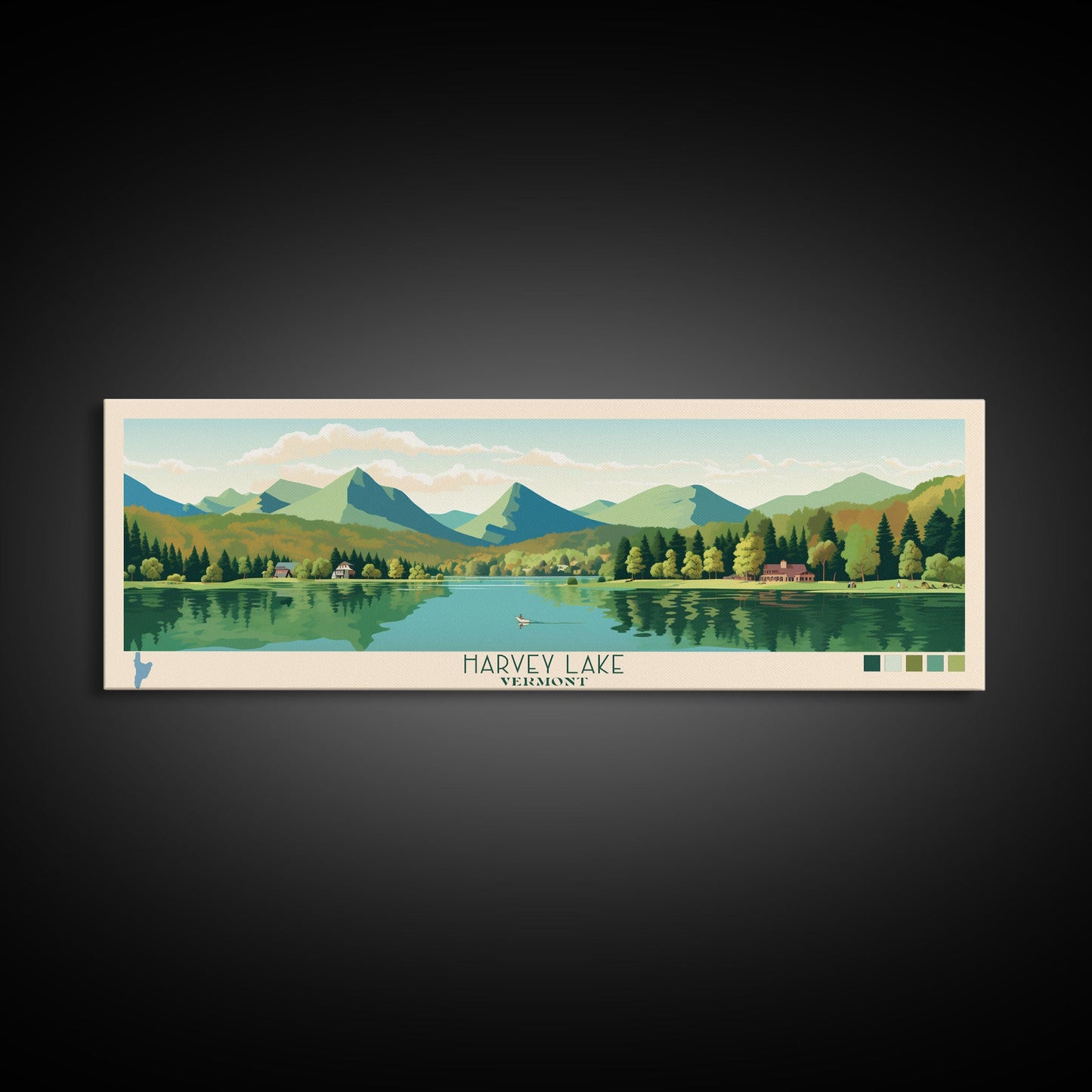 Harvey Lake Vermont Framed Canvas Print, Panoramic Wall Art, Midcentury Modern, Pop Art, Living Room Wall Art, Travel Poster, Lake View, Artistic Decor
