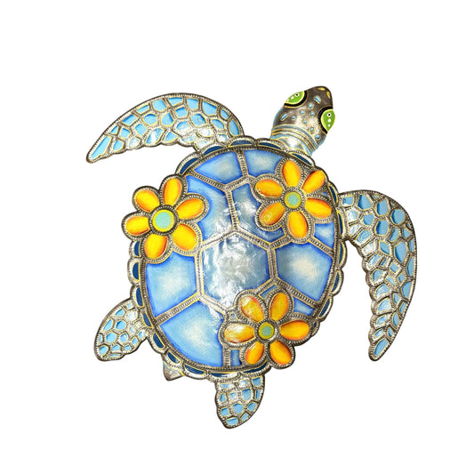 Sea Turtle Oil Drum Top with Flowers- Blue