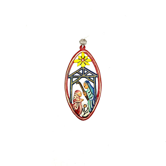 Tall Oval Nativity Ornament- Red