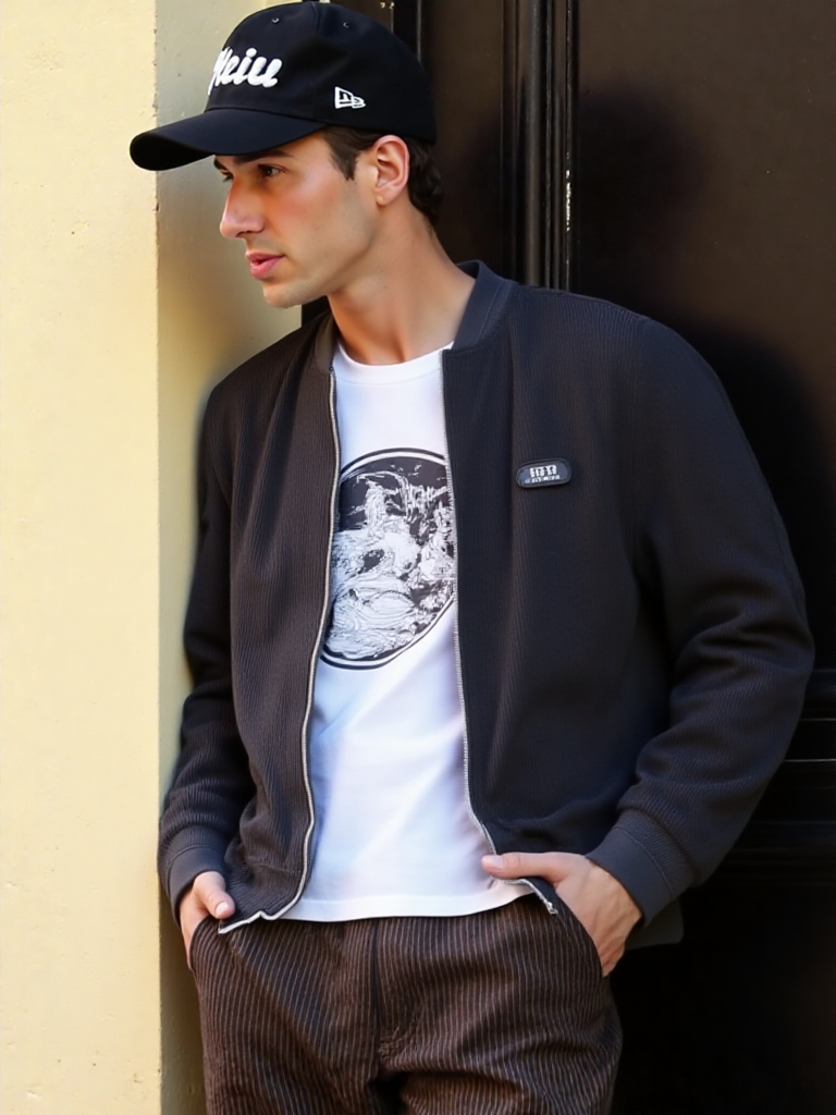 Mens Round Collar Winter Zipped Up Elbow Patch Jacket