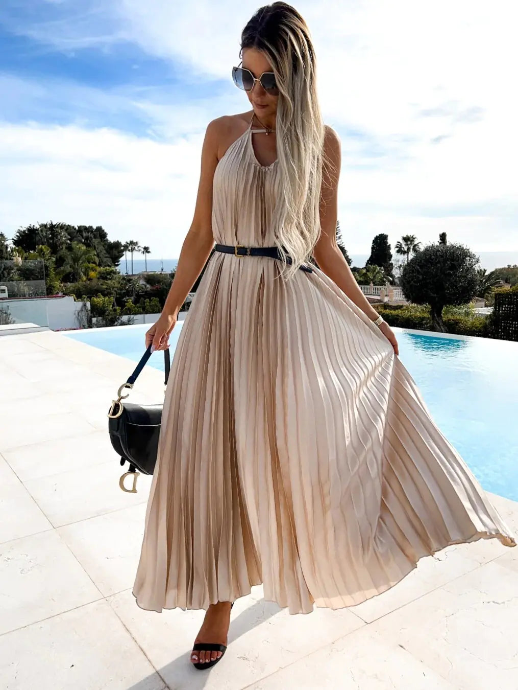 Bohemian Pleated Maxi Dress with Belt