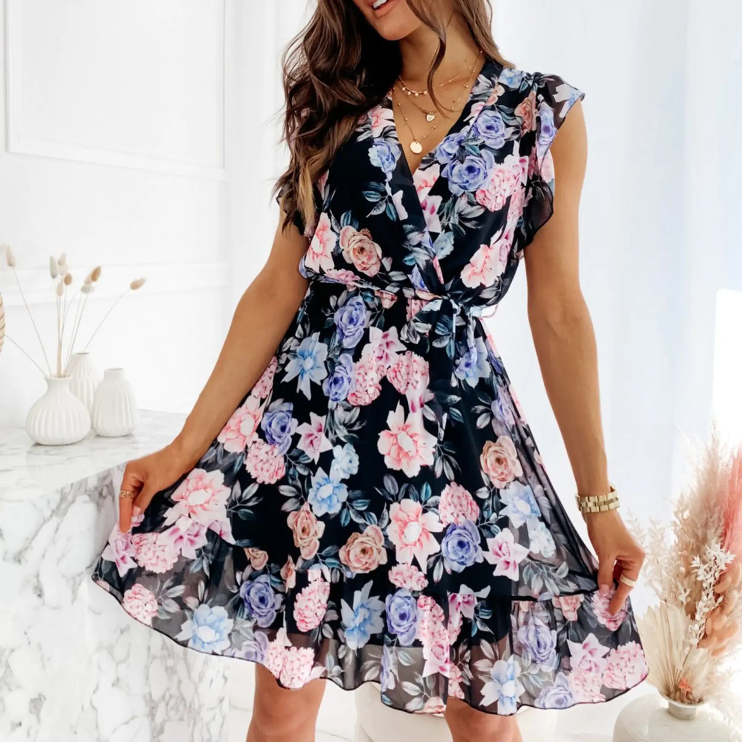 Floral V Neck Bohemian  Midi Dress for Women