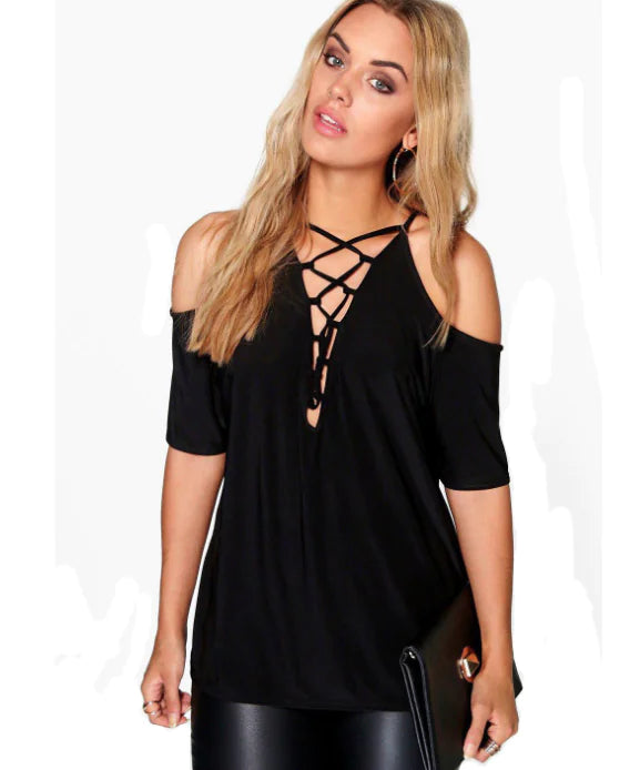 V-Neck Short Sleeve Autumn Top with Shoulder Tie for Women