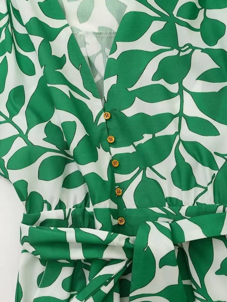 V-neck Single-breasted With Belt Printed Casual Dress