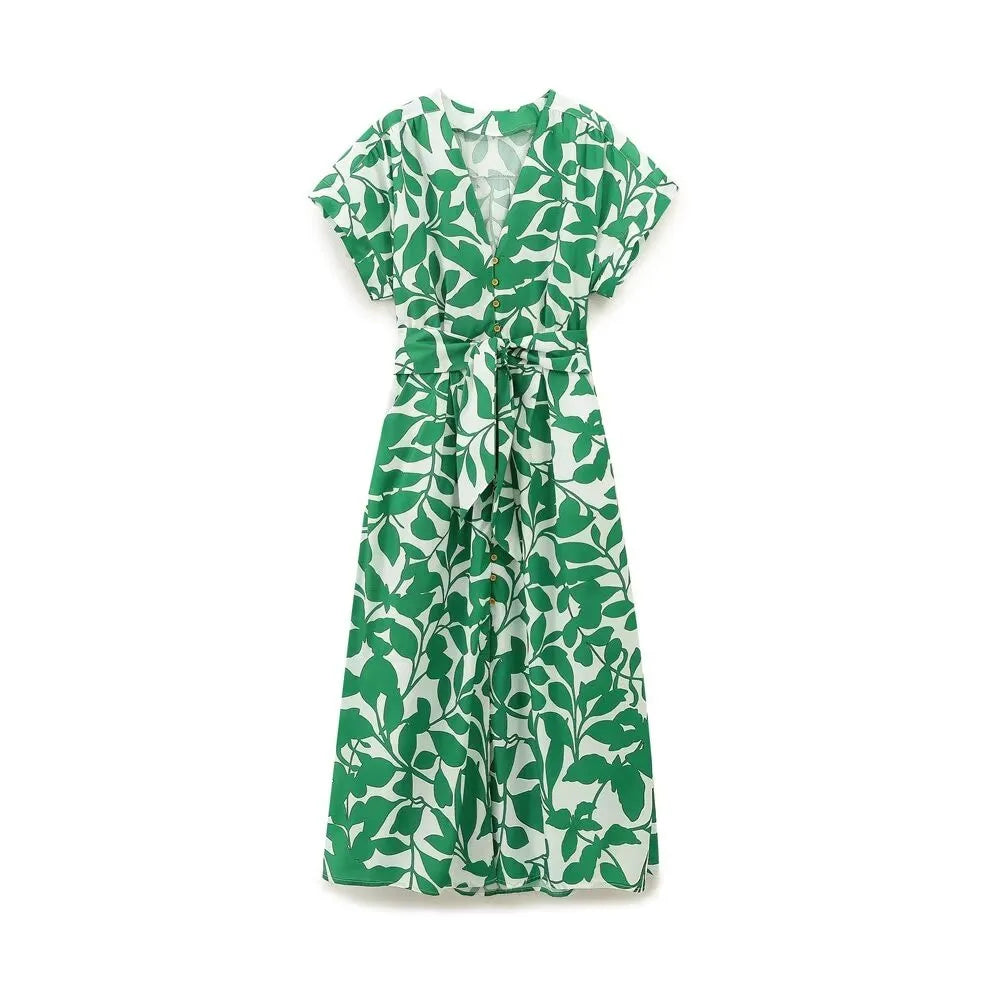 V-neck Single-breasted With Belt Printed Casual Dress