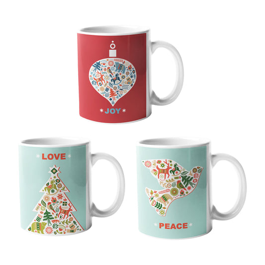 Joy, Love, Peace Holiday 3 Coffee Tea Mug Set