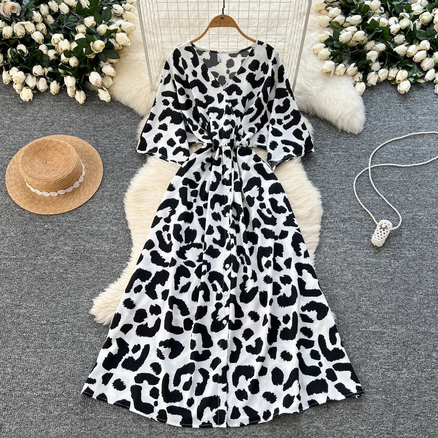 V-Neck Tunic Slim Casual Midi Dress