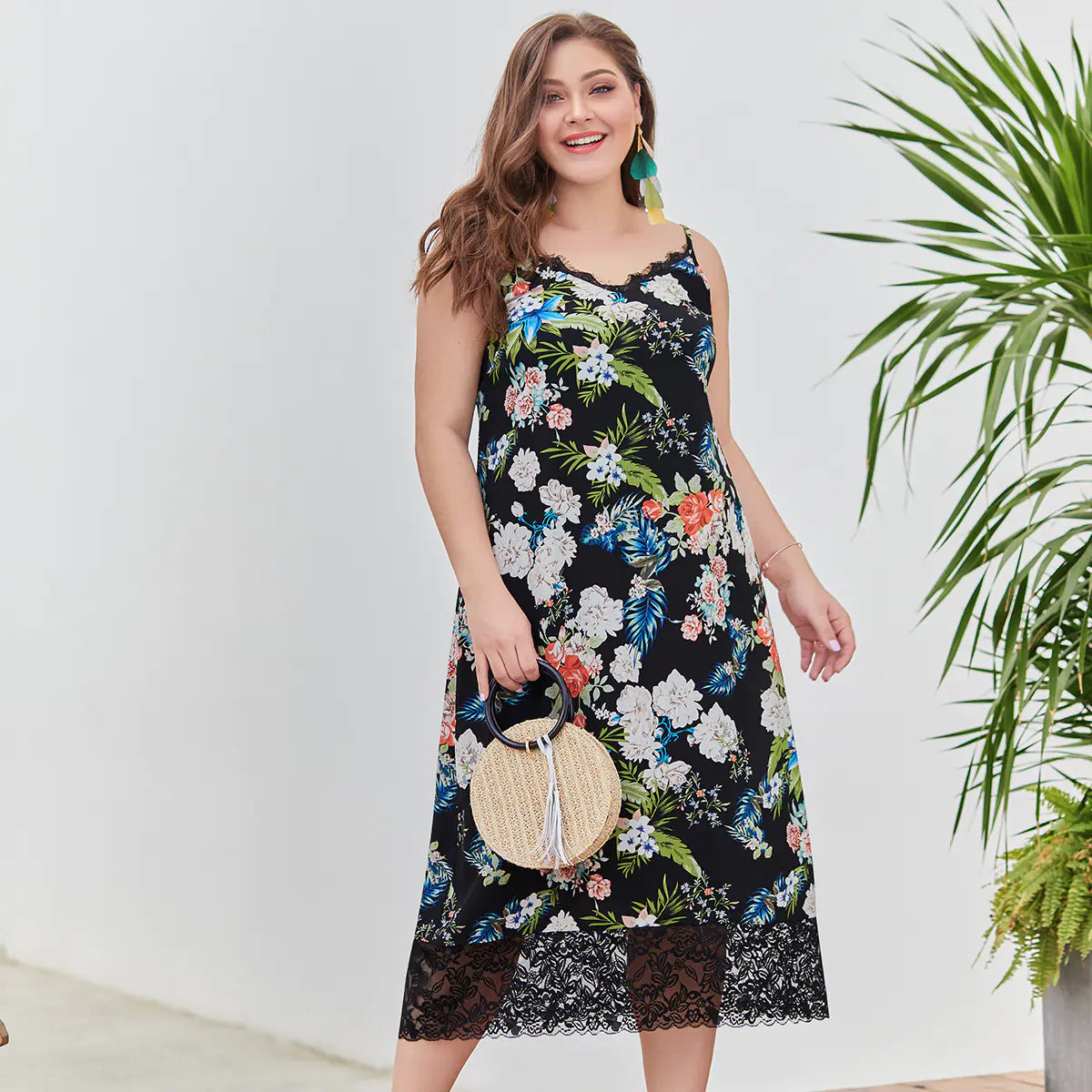Plus Size Floral Print Maxi Dress with Spaghetti Straps