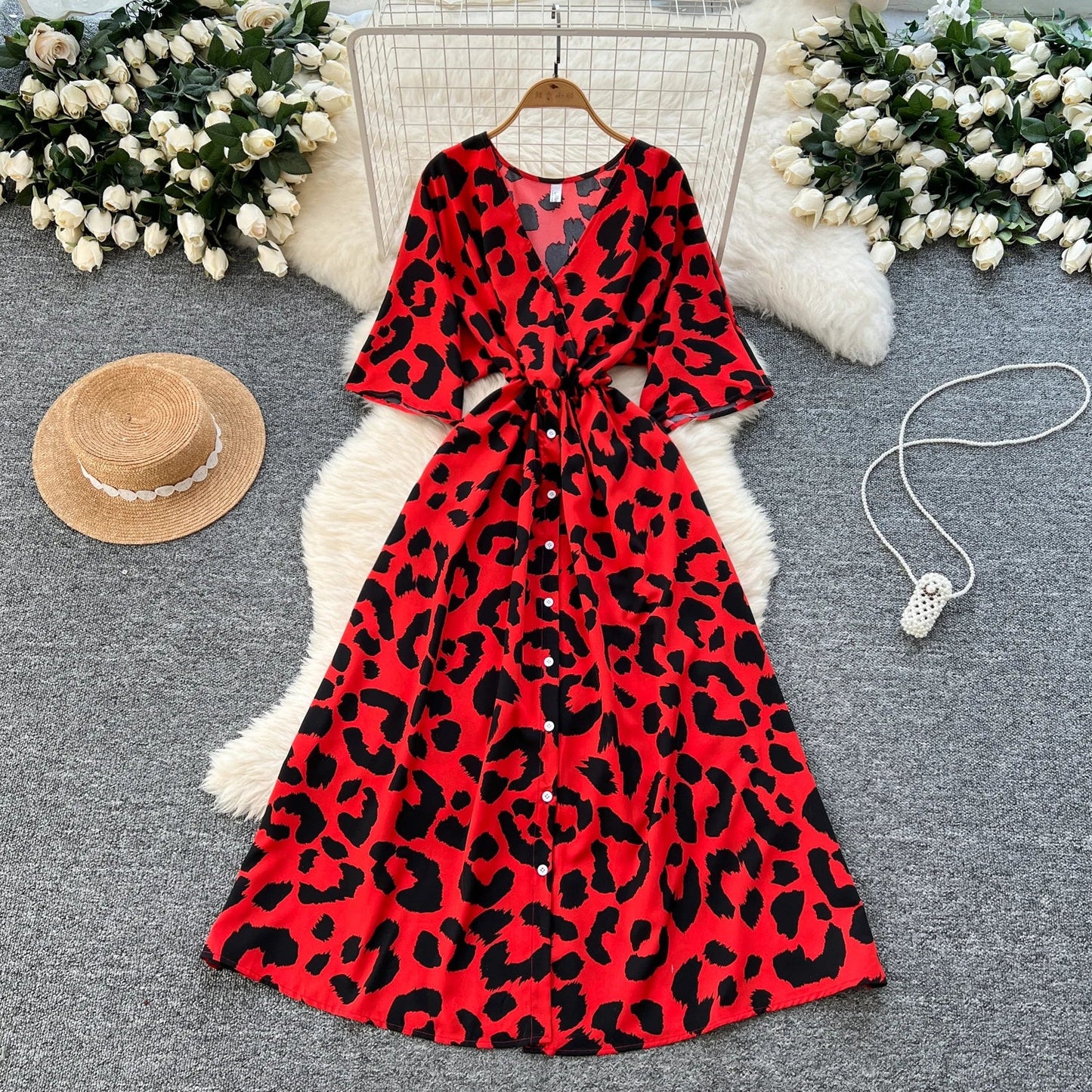 V-Neck Tunic Slim Casual Midi Dress