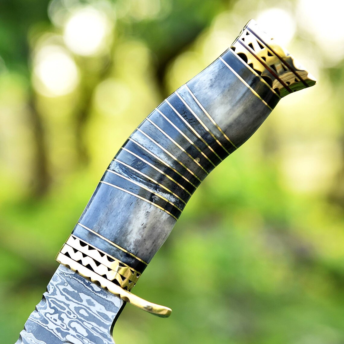 Vintage Damascus Steel Bowie Knife for Sale - 13" with Brass Guard and Camel Bone Handle