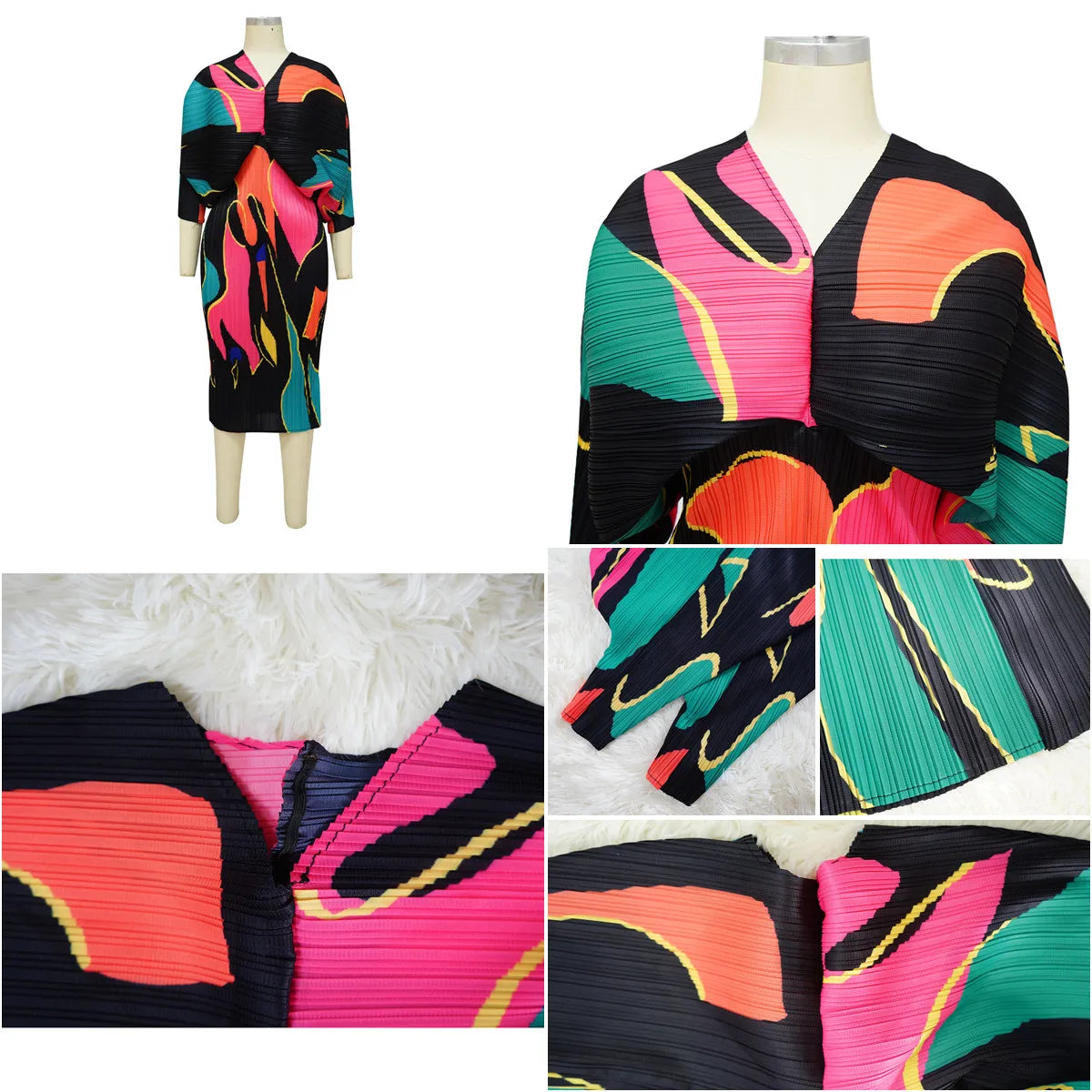 Hot Selling V-neck Bat Sleeve Printed Pleated Dress Stretch Fabric Dresses