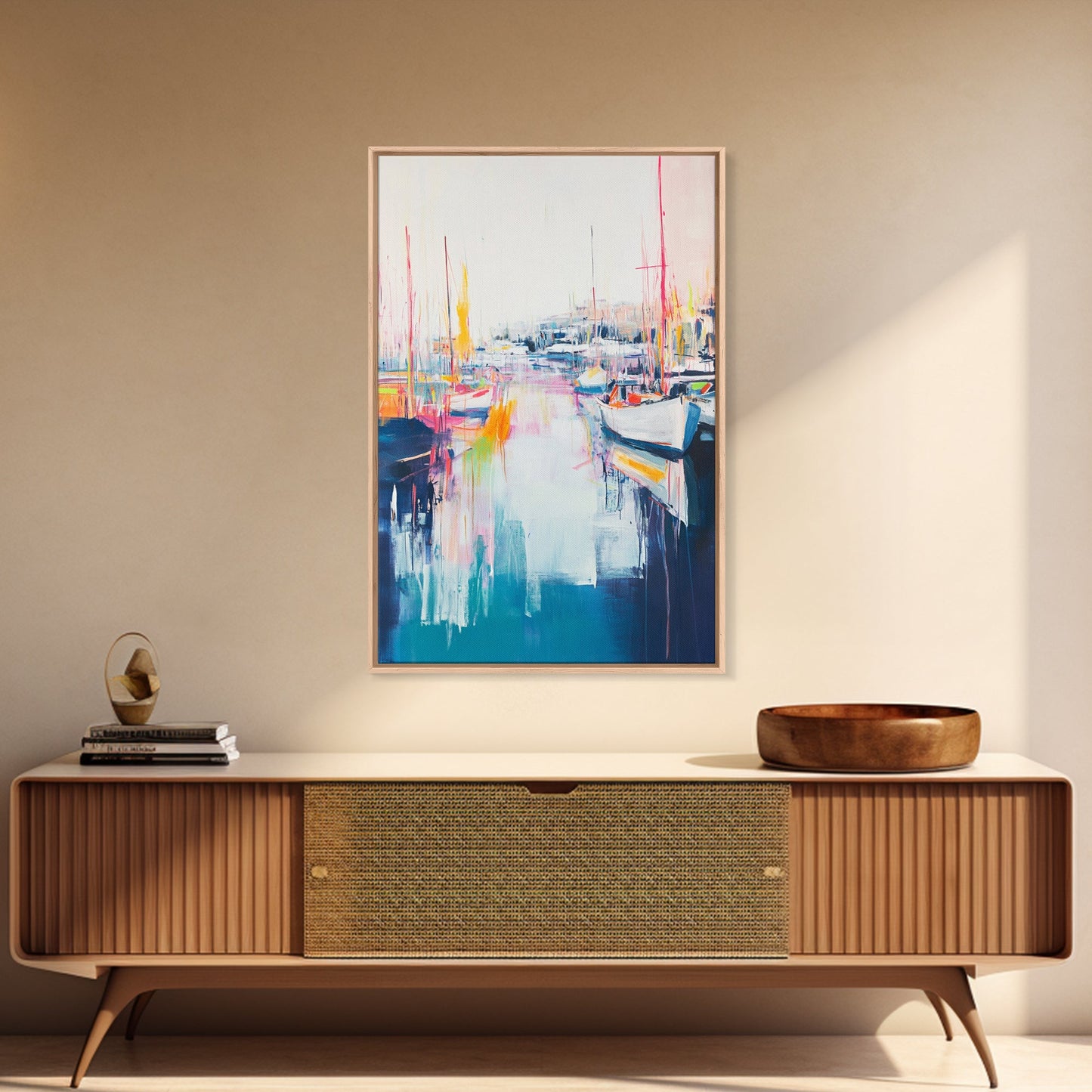 Harbor Sailboats, nautical wall art, seascape painting, coastal painting, sailboat painting, pink abstract art, Canvas Print