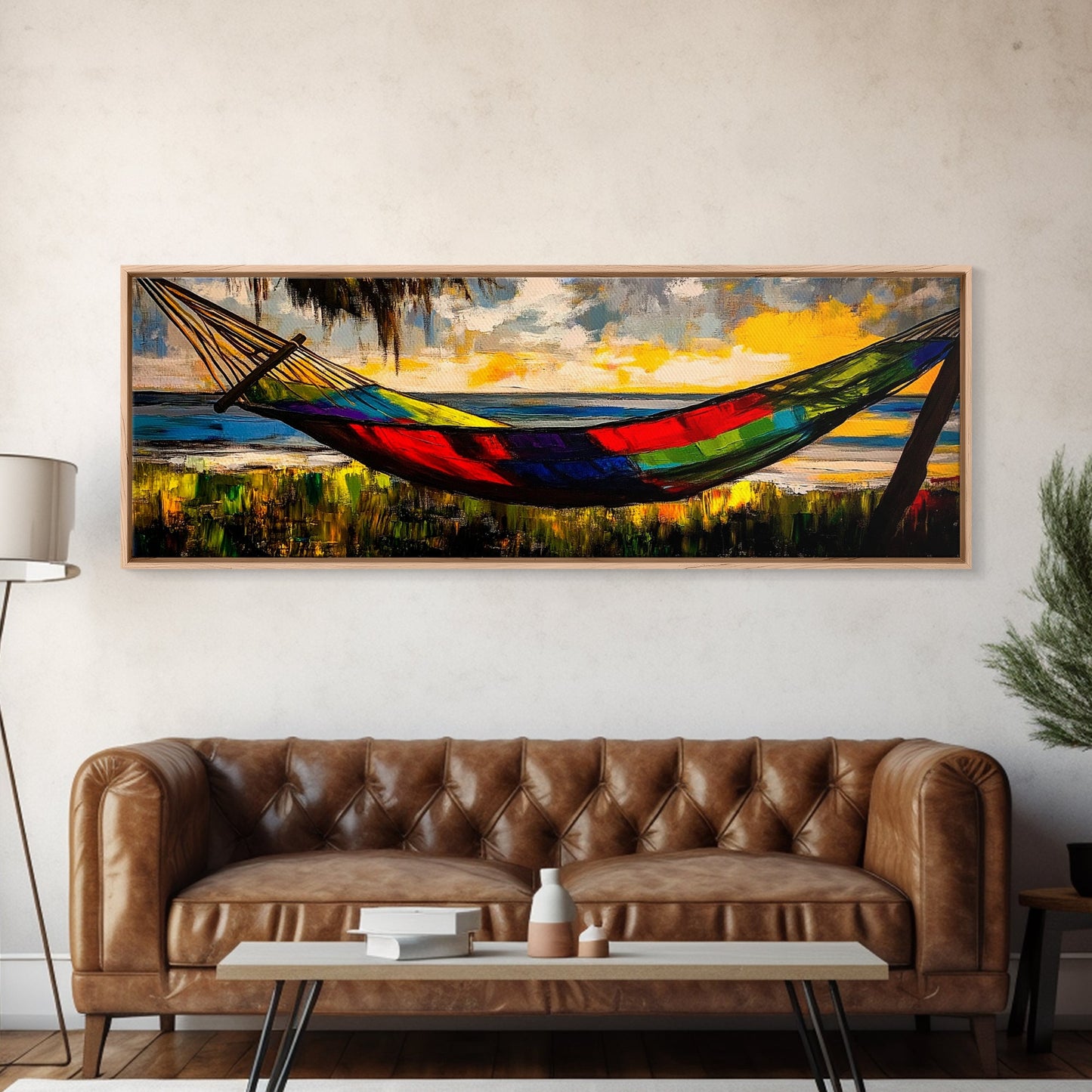 Hammock by the Beach, Tropical Sunset Painting, Relaxing Seaside Artwork, Vibrant Summer Wall Decor, Coastal Retreat, Canvas Print