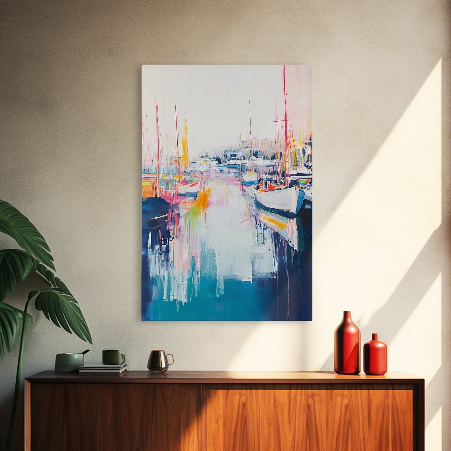 Harbor Sailboats, nautical wall art, seascape painting, coastal painting, sailboat painting, pink abstract art, Canvas Print